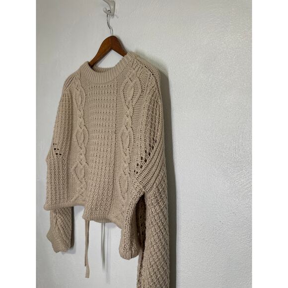 Gianni Bini Oversized Crop Chunky Cable Knit Fishermen Sweater M Cream Designer - Picture 6 of 13